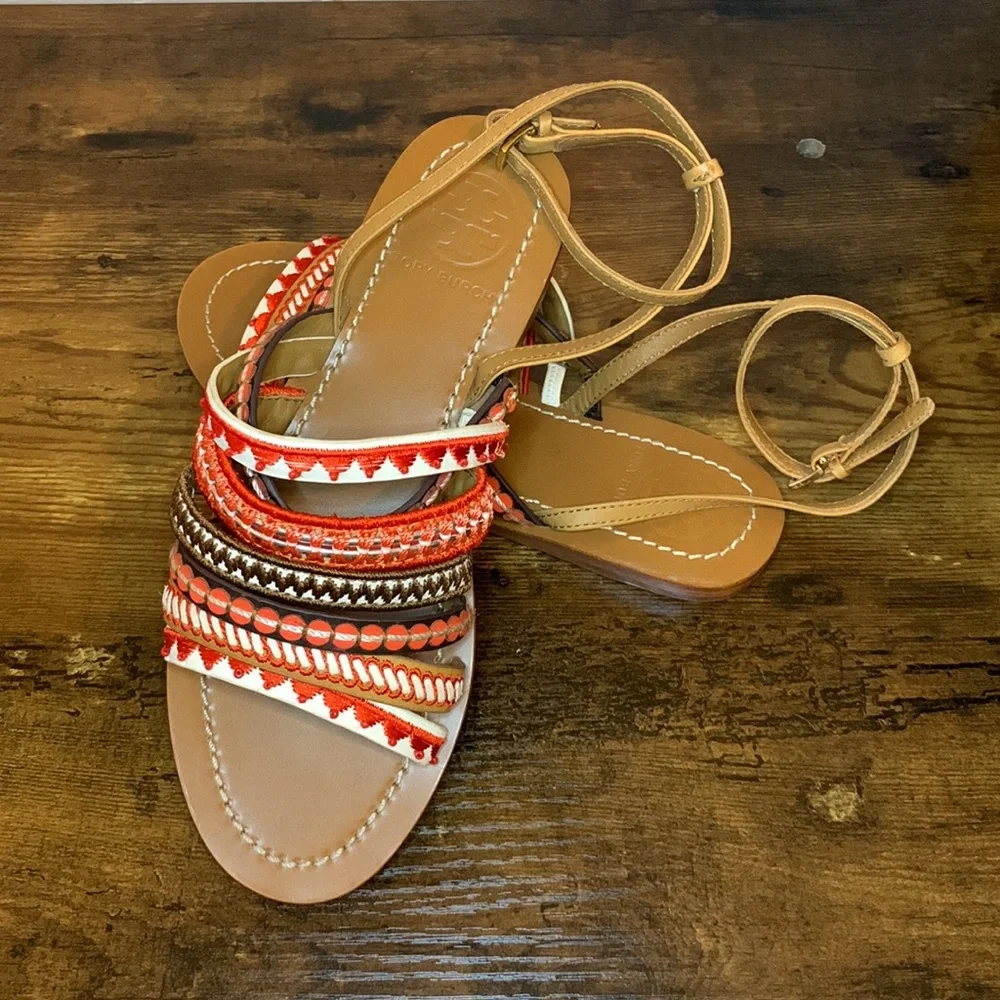 Tory Burch embroidered Poppy red multi sandals 6.5